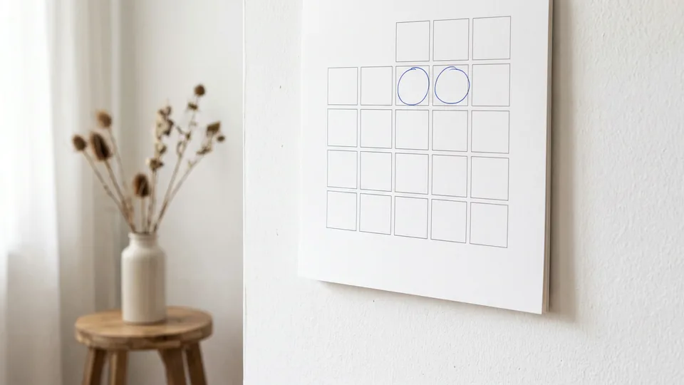 Calendário de papel na parede, sem números, com dois quadradinhos circulados a caneta azul