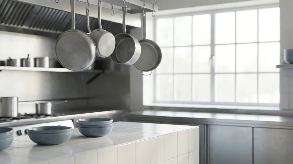Cozinha industrial vazia com panelas penduradas e bancada limpa, iluminada pela janela