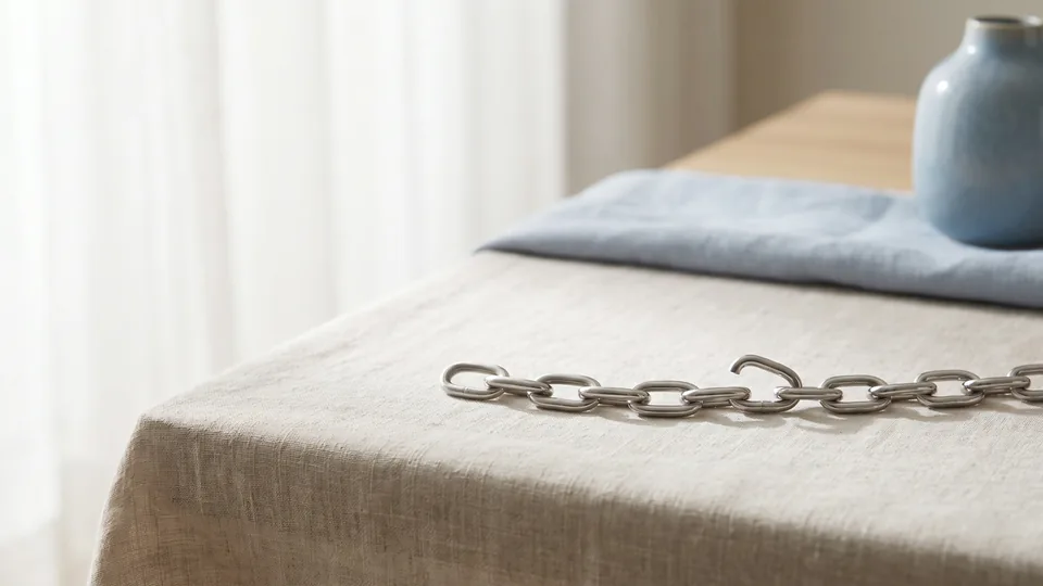 Corrente de elos de metal sobre toalha de mesa de linho, com um dos elos aberto