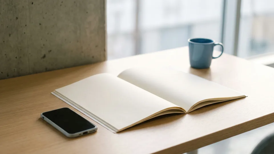 Caderno aberto em branco sobre mesa de escritório, com celular de tela apagada ao lado e caneca de café