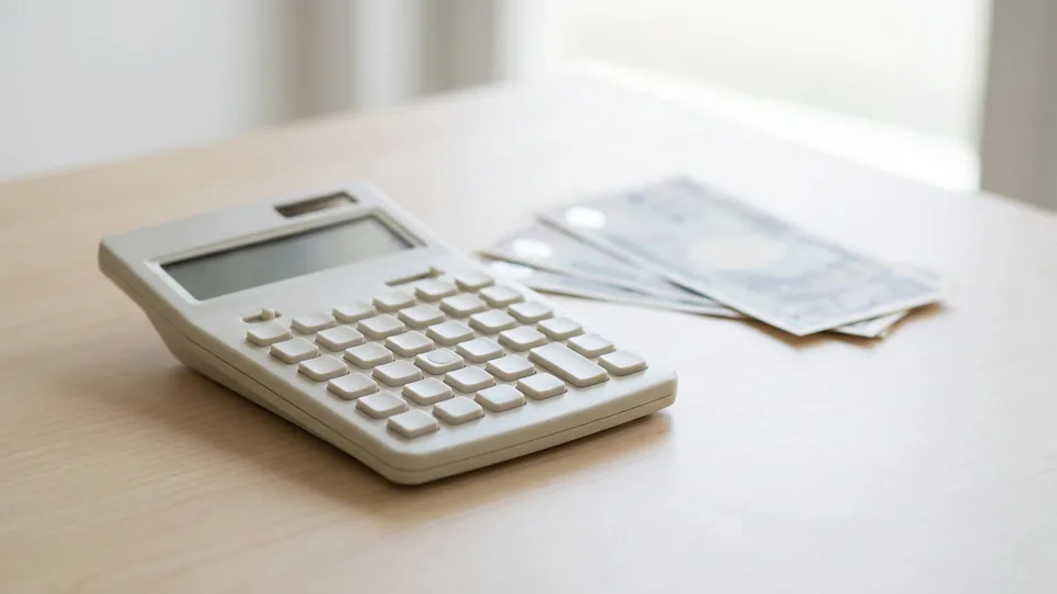 Calculadora branca sobre mesa clara, ao lado de cédulas desfocadas