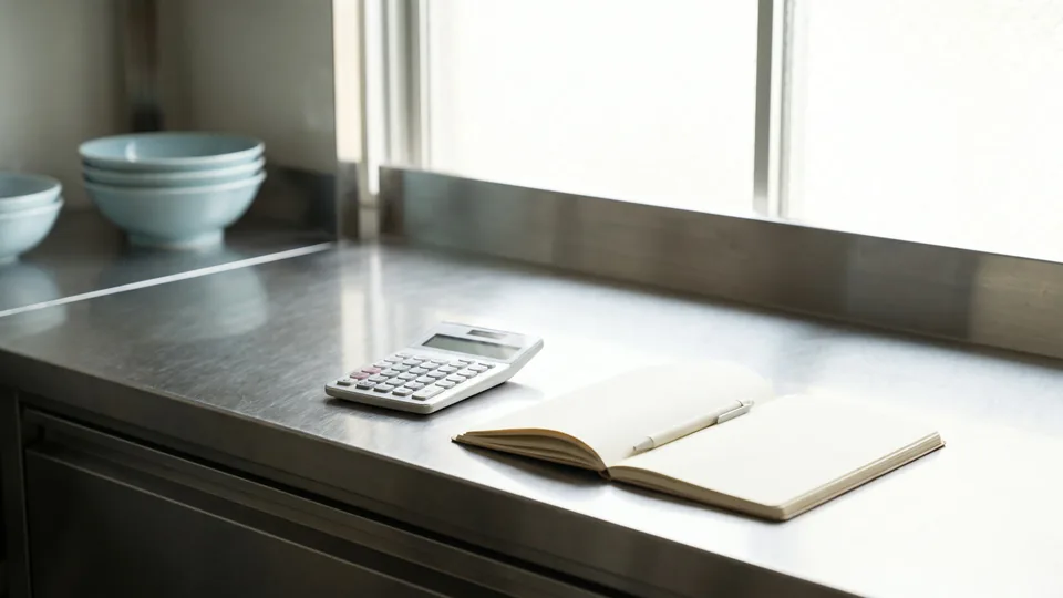 Calculadora e caderno aberto em branco sobre bancada de aço inox de cozinha profissional