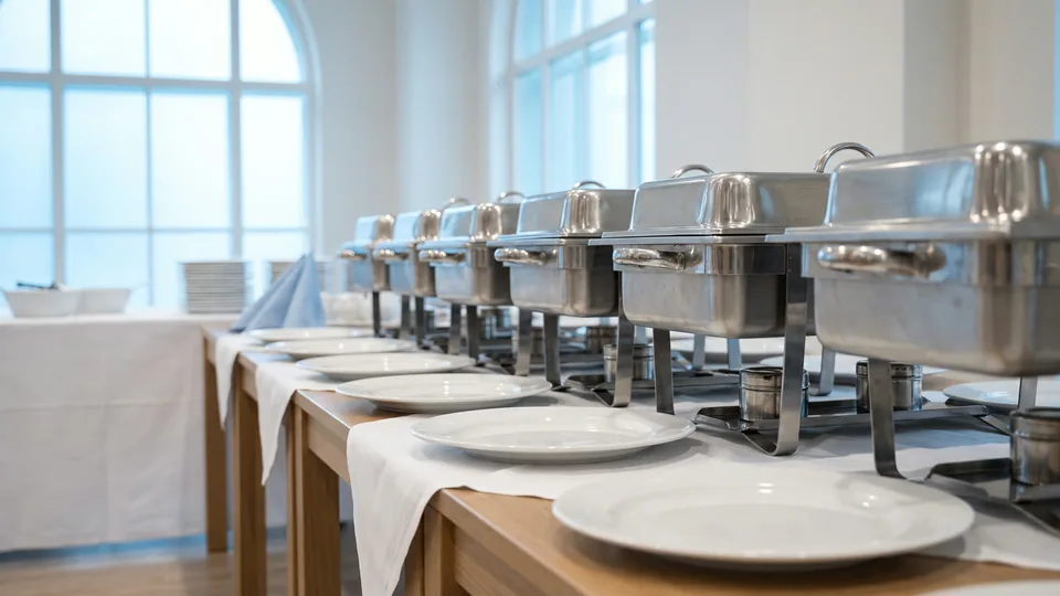Fila de réchauds de aço inox e pratos vazios sobre mesa de buffet montada num salão claro