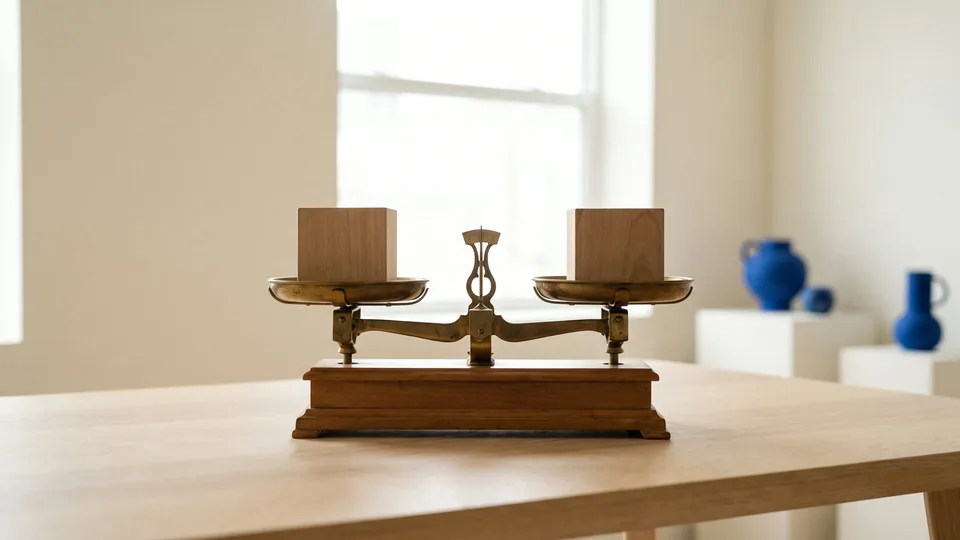 Balança de pratos de latão sobre mesa de madeira, com um cubo de madeira em cada prato, em equilíbrio