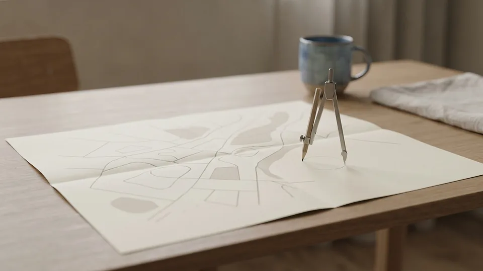 Mapa de papel aberto sobre mesa de madeira, com compasso de desenho traçando um círculo