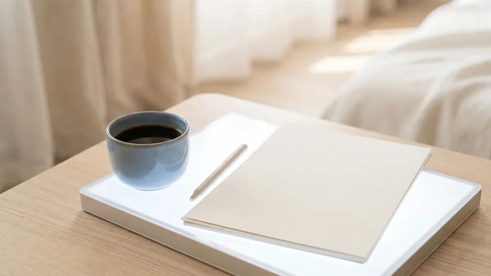 Papel em branco e caneta sobre bandeja clara, ao lado de uma xícara de café