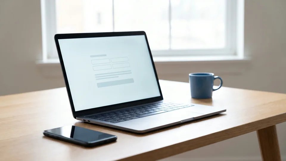 Notebook aberto sobre mesa de madeira mostrando um formulário sem texto legível, com celular e caneca ao lado