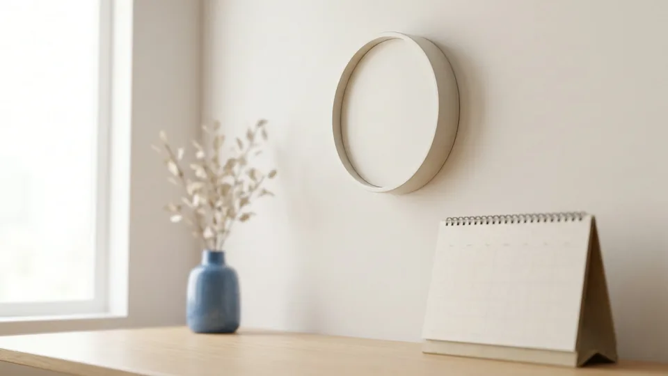 Relógio de parede sem ponteiros numa parede branca, com um calendário de mesa em branco sobre o aparador