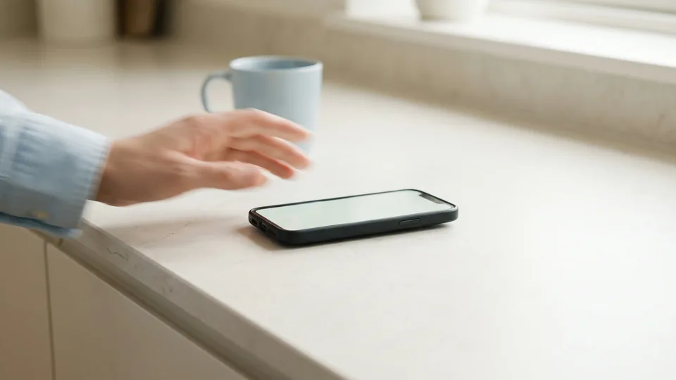 Mão se aproximando de um celular sobre bancada de cozinha, em movimento